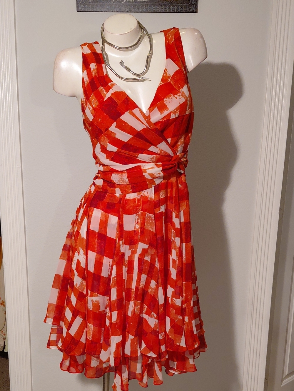 Oscar De La Renta Red Silk Mock Wrap Dress